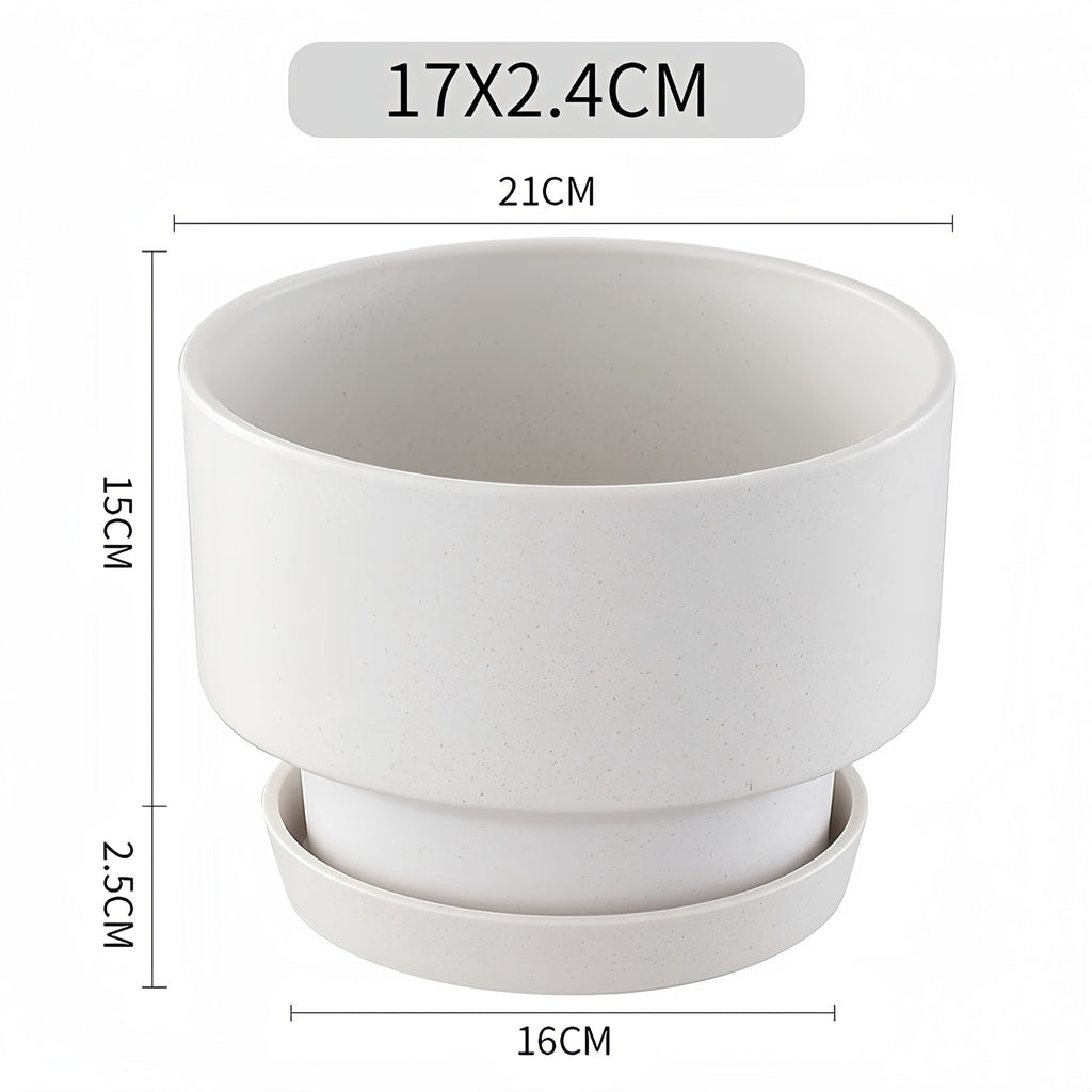 2-Pack Indoor Plant Pots with Saucers, 17cm & 21cm, Drainage Holes, Decorative Planter for Windowsill Home Office (White)