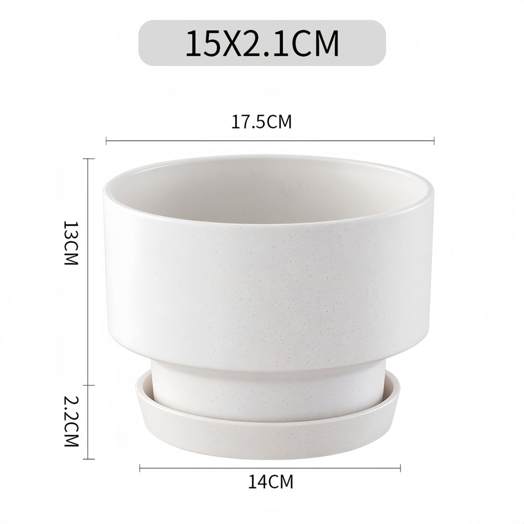2-Pack Indoor Plant Pots with Saucers, 17cm & 21cm, Drainage Holes, Decorative Planter for Windowsill Home Office (White)
