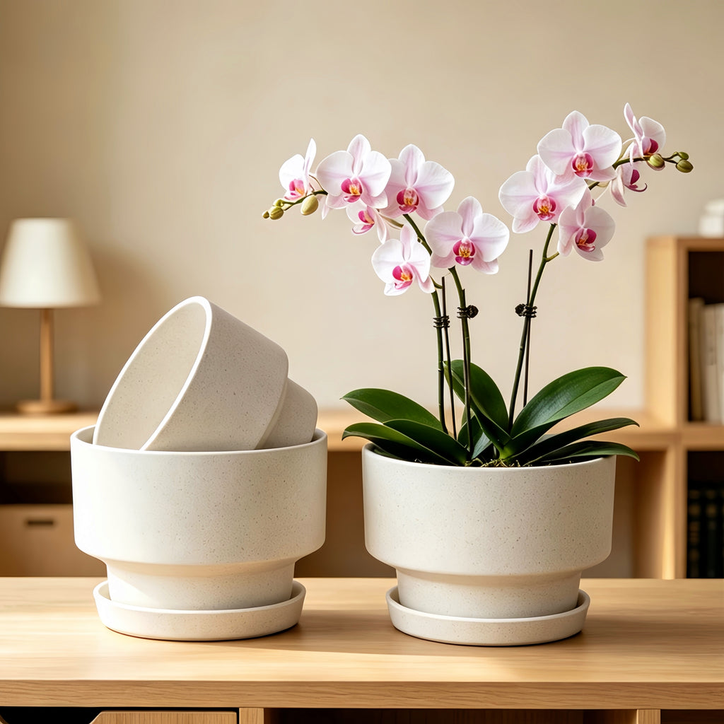 2-Pack Indoor Plant Pots with Saucers, 17cm & 21cm, Drainage Holes, Decorative Planter for Windowsill Home Office (White)