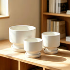2-Pack Indoor Plant Pots with Saucers, 17cm & 21cm, Drainage Holes, Decorative Planter for Windowsill Home Office (White)