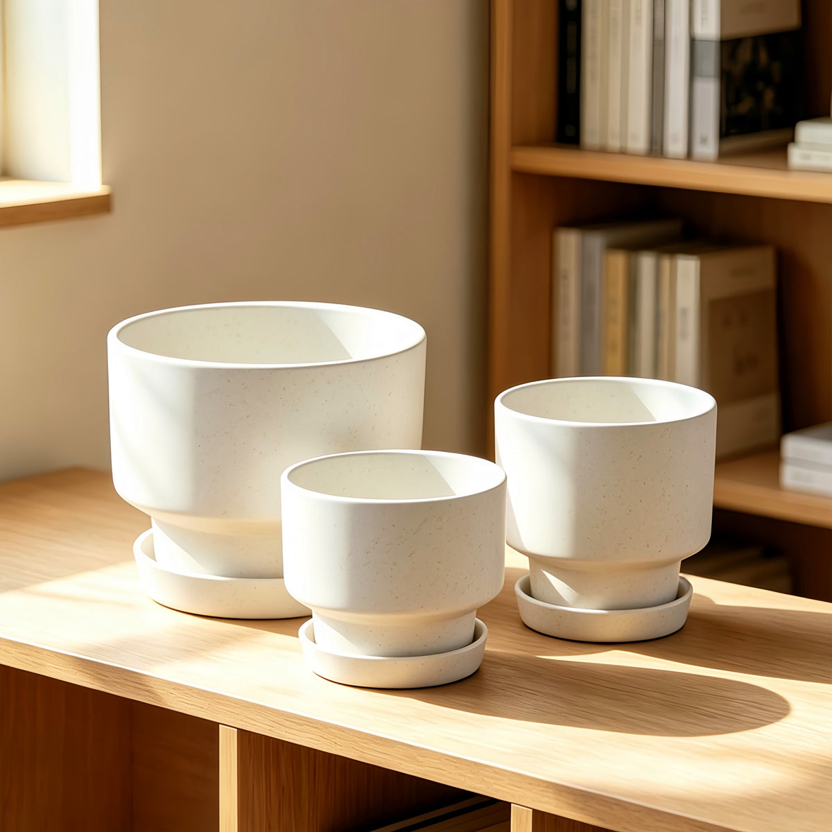 2-Pack Indoor Plant Pots with Saucers, 17cm & 21cm, Drainage Holes, Decorative Planter for Windowsill Home Office (White)