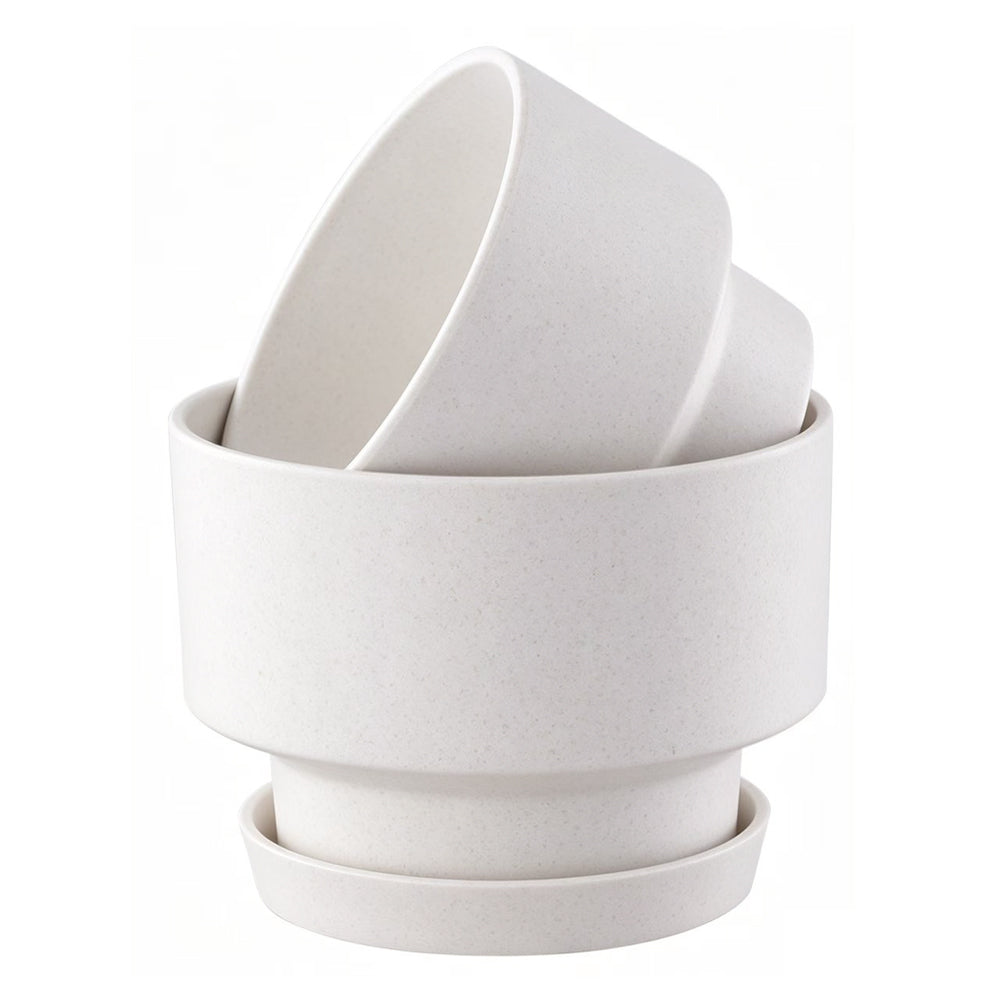 2-Pack Indoor Plant Pots with Saucers, 17cm & 21cm, Drainage Holes, Decorative Planter for Windowsill Home Office (White)