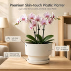 2-Pack Indoor Plant Pots with Saucers, 17cm & 21cm, Drainage Holes, Decorative Planter for Windowsill Home Office (White)