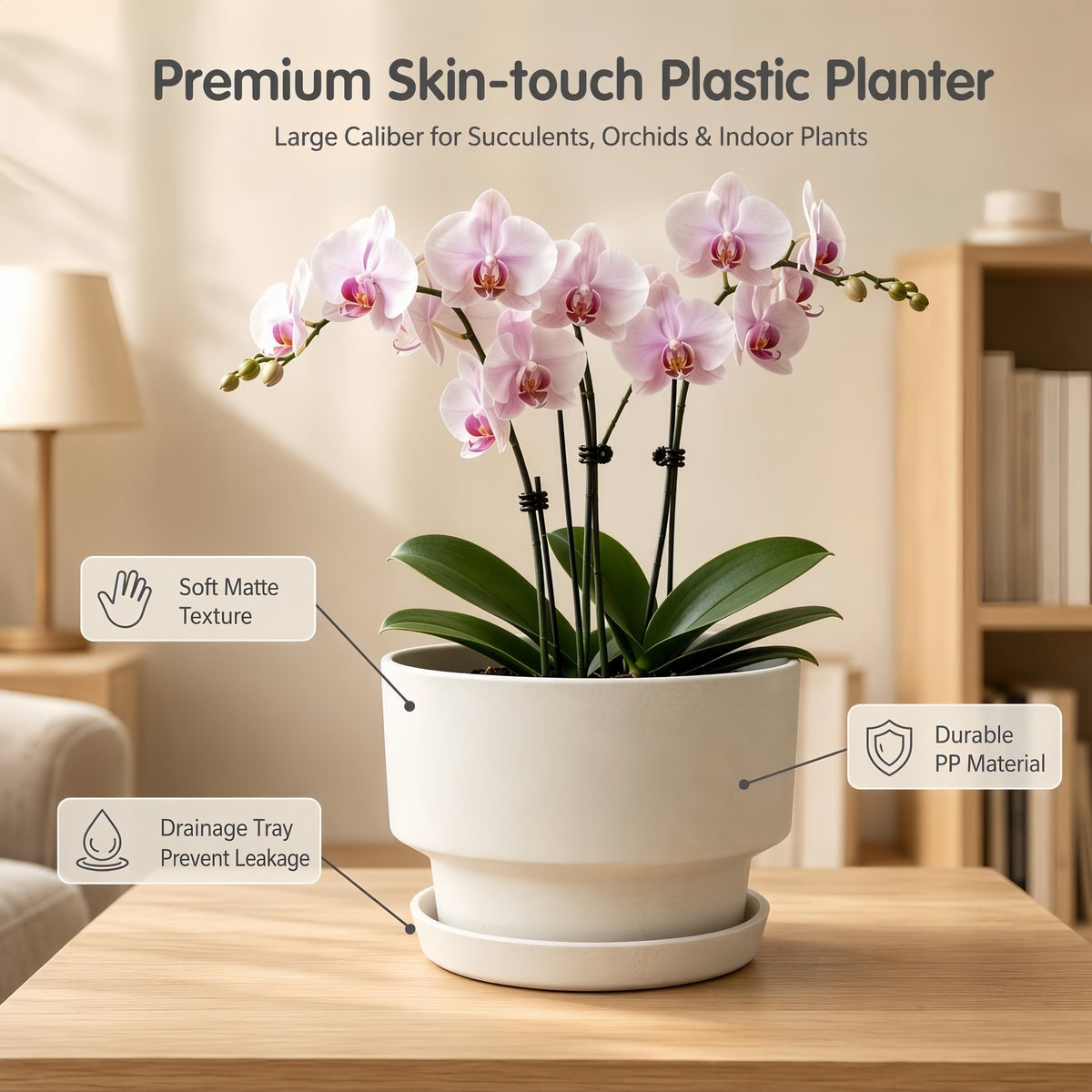 2-Pack Indoor Plant Pots with Saucers, 17cm & 21cm, Drainage Holes, Decorative Planter for Windowsill Home Office (White)