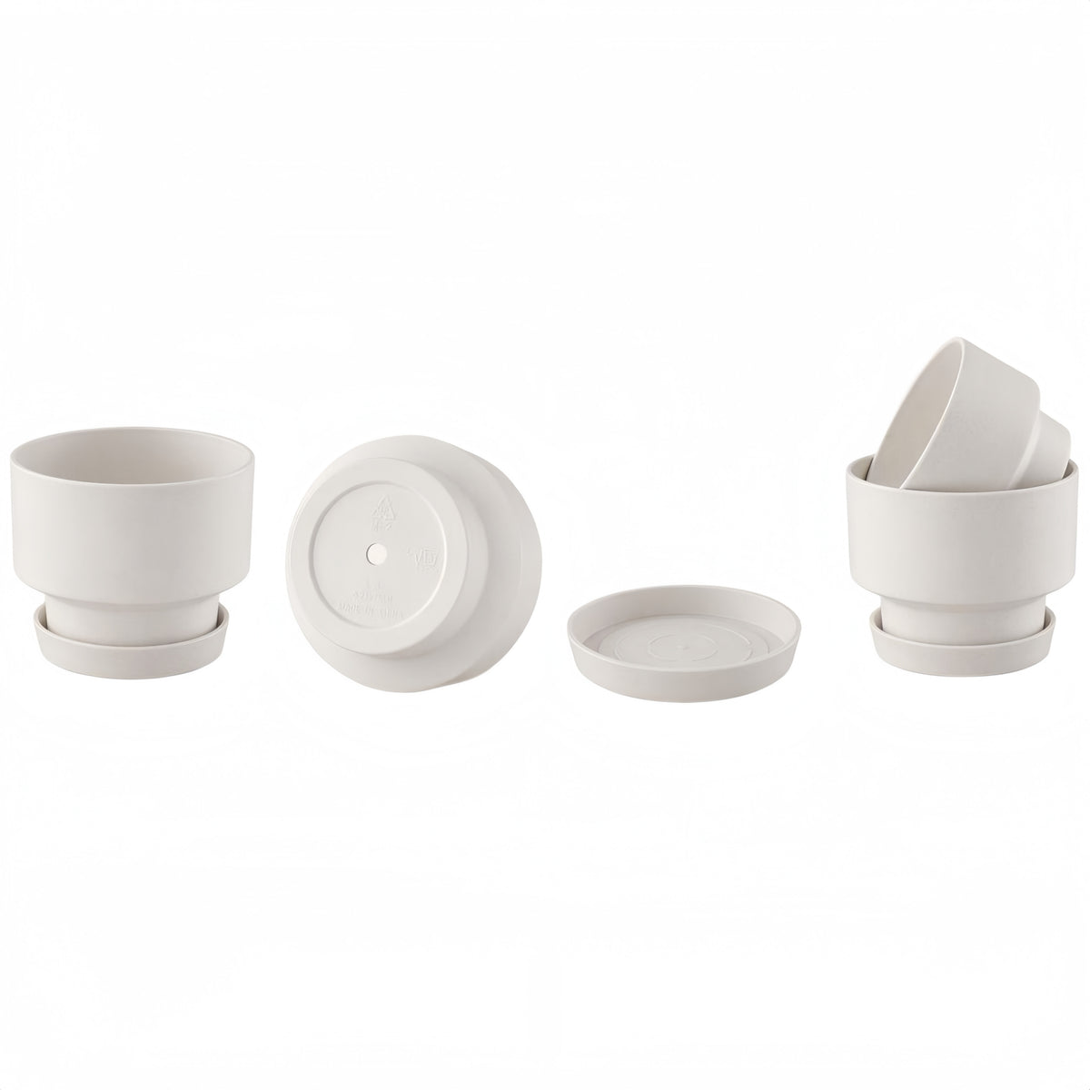 2-Pack Indoor Plant Pots with Saucers, 17cm & 21cm, Drainage Holes, Decorative Planter for Windowsill Home Office (White)