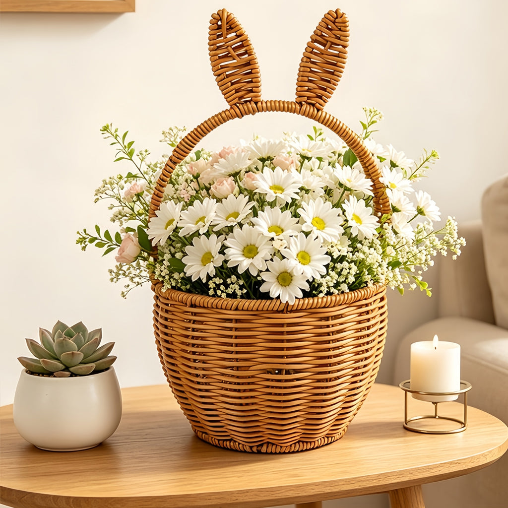 Plastic Rattan Basket with Handle — Wicker-Style Flower Girl Basket for Weddings, Picnic & Home Decor