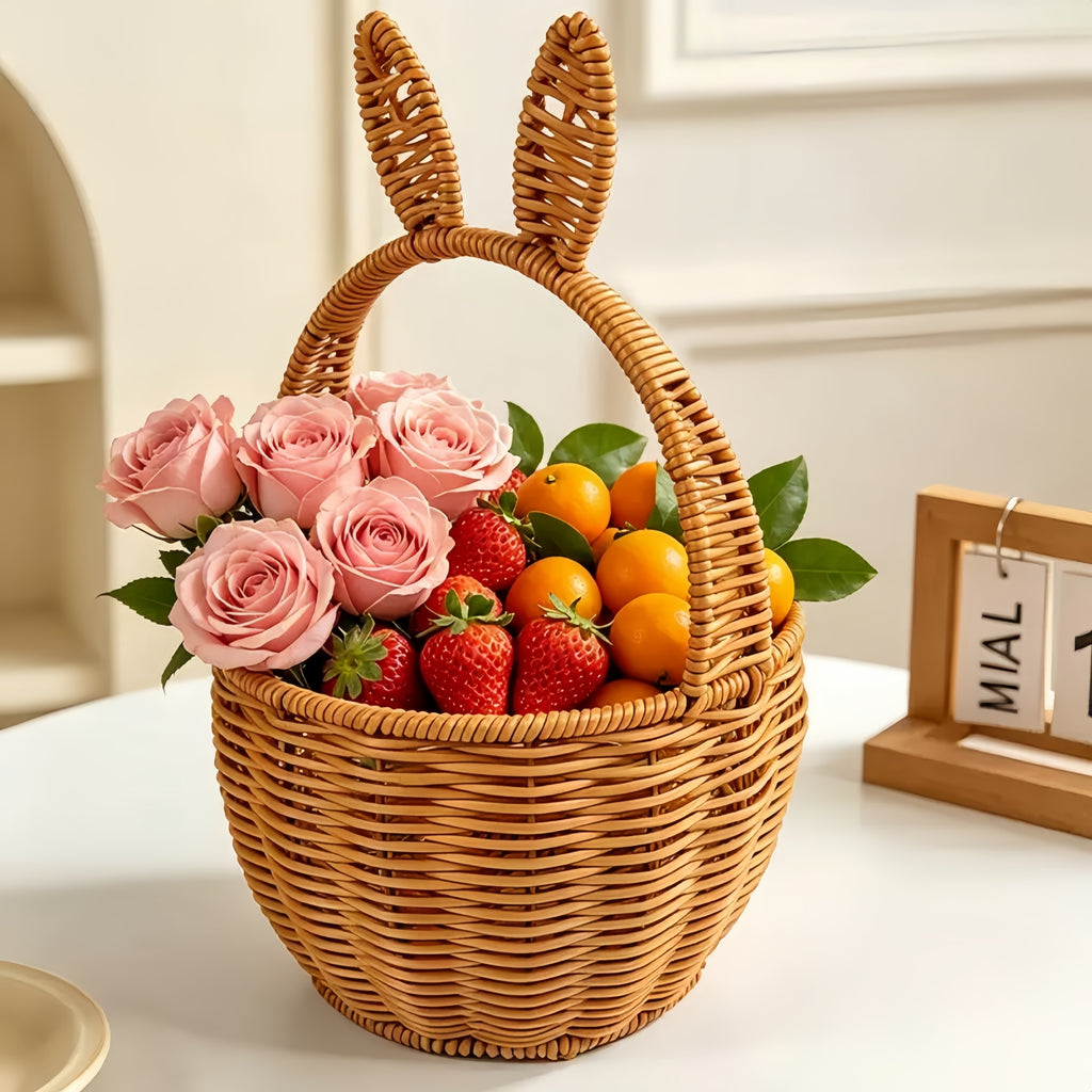 Plastic Rattan Basket with Handle — Wicker-Style Flower Girl Basket for Weddings, Picnic & Home Decor